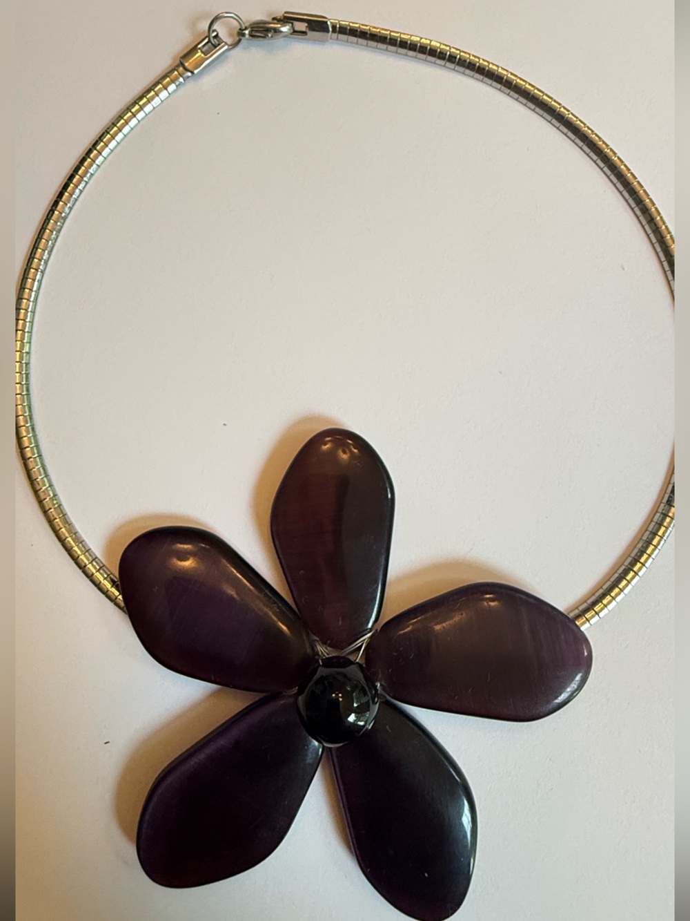 Purple Flower Statement Necklace Silver Tone Collar Retro Mod